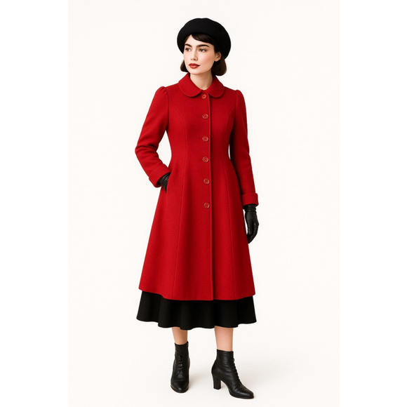 Vintage Jackets & Blazers - Vintage 80s Red Wool Coat Made in Canada Pea Coat Winter Holiday Puff Sleeve S/M